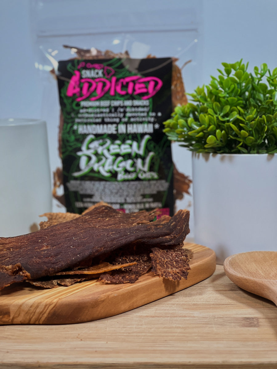 Thin and Crispy Beef Jerky also known as Beef Chips made in Honolulu, Hawaii. This is our Green Dragon Beef Chip Flavor.