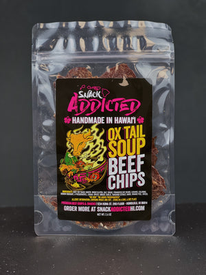 Crispy Beef Jerky Chips From Hawaii brand Snack Addicted. This is our Ox Tail Soup Crispy Beef Jerky flavor
