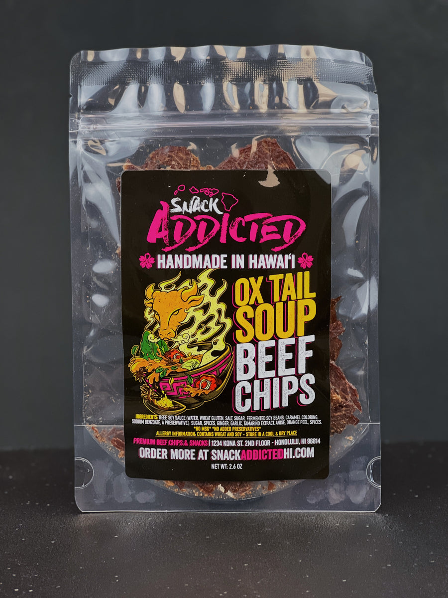 Crispy Beef Jerky Chips From Hawaii brand Snack Addicted. This is our Ox Tail Soup Crispy Beef Jerky flavor